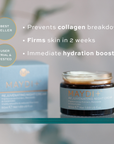 Maydi+ rejuvenating night cream jar and packaging on a blurred background with key claims. prevents collagen breakdown, firms skin in 2 weeks and hydration boost.