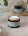 Maydi+ Renewal Day Cream jar on a neutral background with decorative elements best seller and clinically proven.