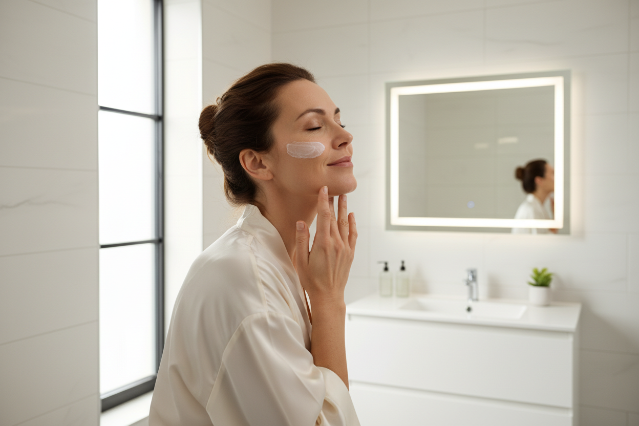 Mother's Day - woman in bathroom applying skincare