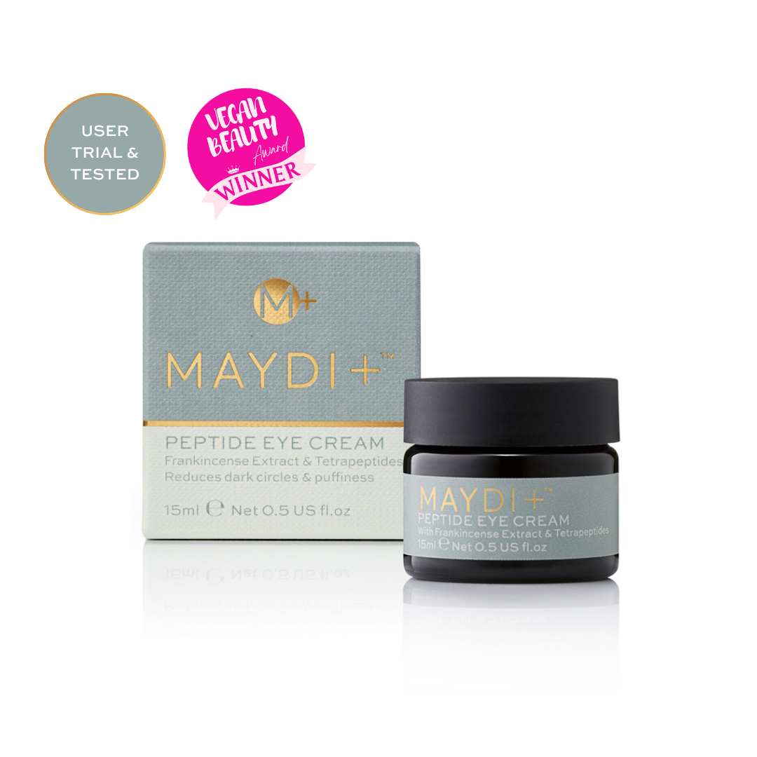 Maydi Peptide Eye Cream jar and box with 'Legal Beauty' award on a white background