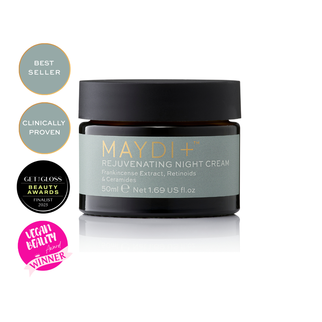 Maydi+ rejuvenating night cream jar with vegan and get the gloss awards on a white background