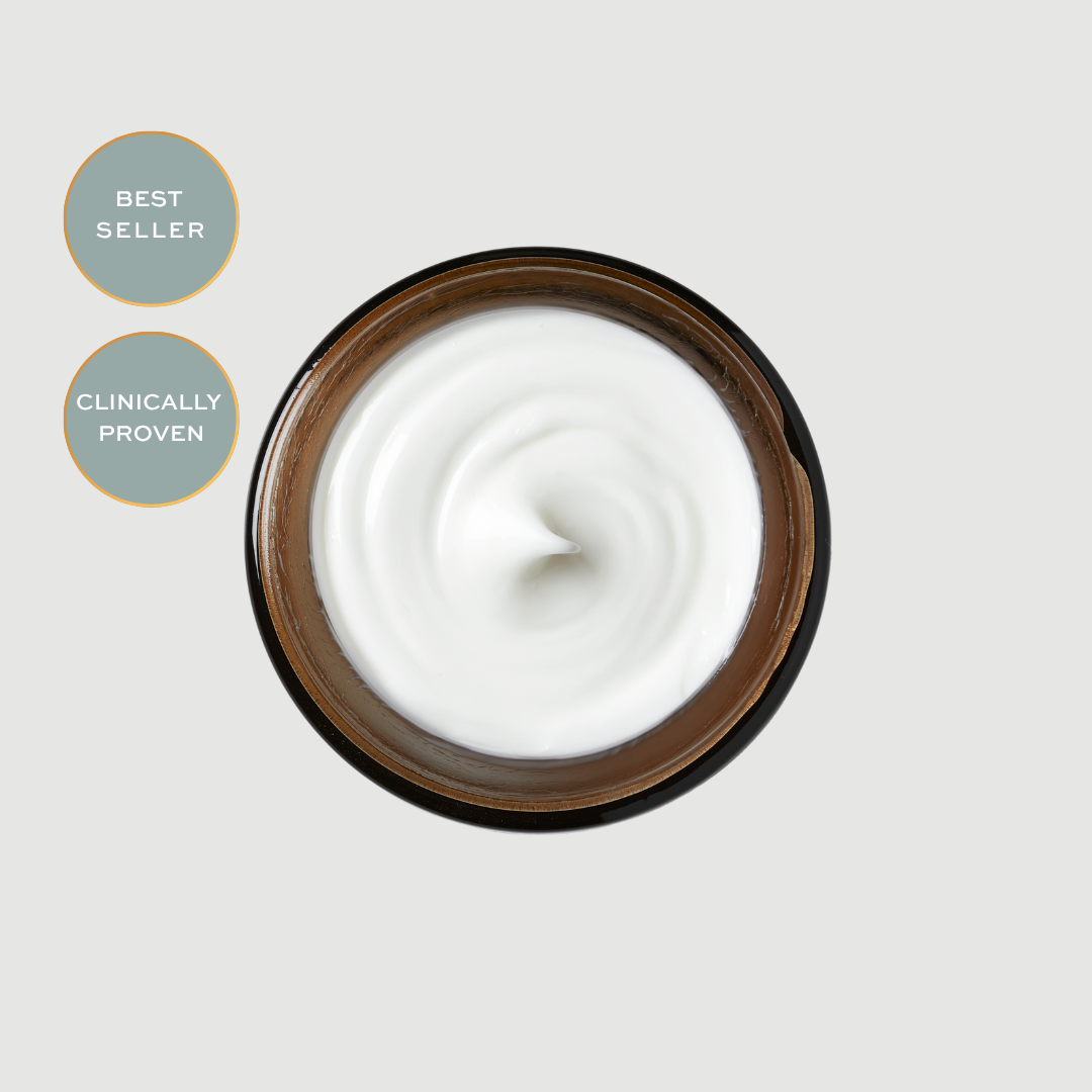 Jar of Maydi+ Renewal Day Cream. white cream with 'Best Seller' and 'Clinically Proven' labels on a light grey background