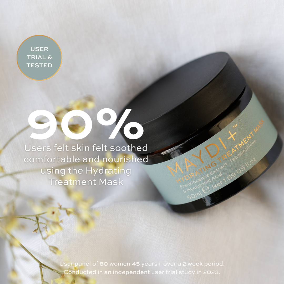 Maydi+ hydrating treatment mask jar with user trial and tested information on a light background. 90% sees felt skin soothed comfortable and nourished. 