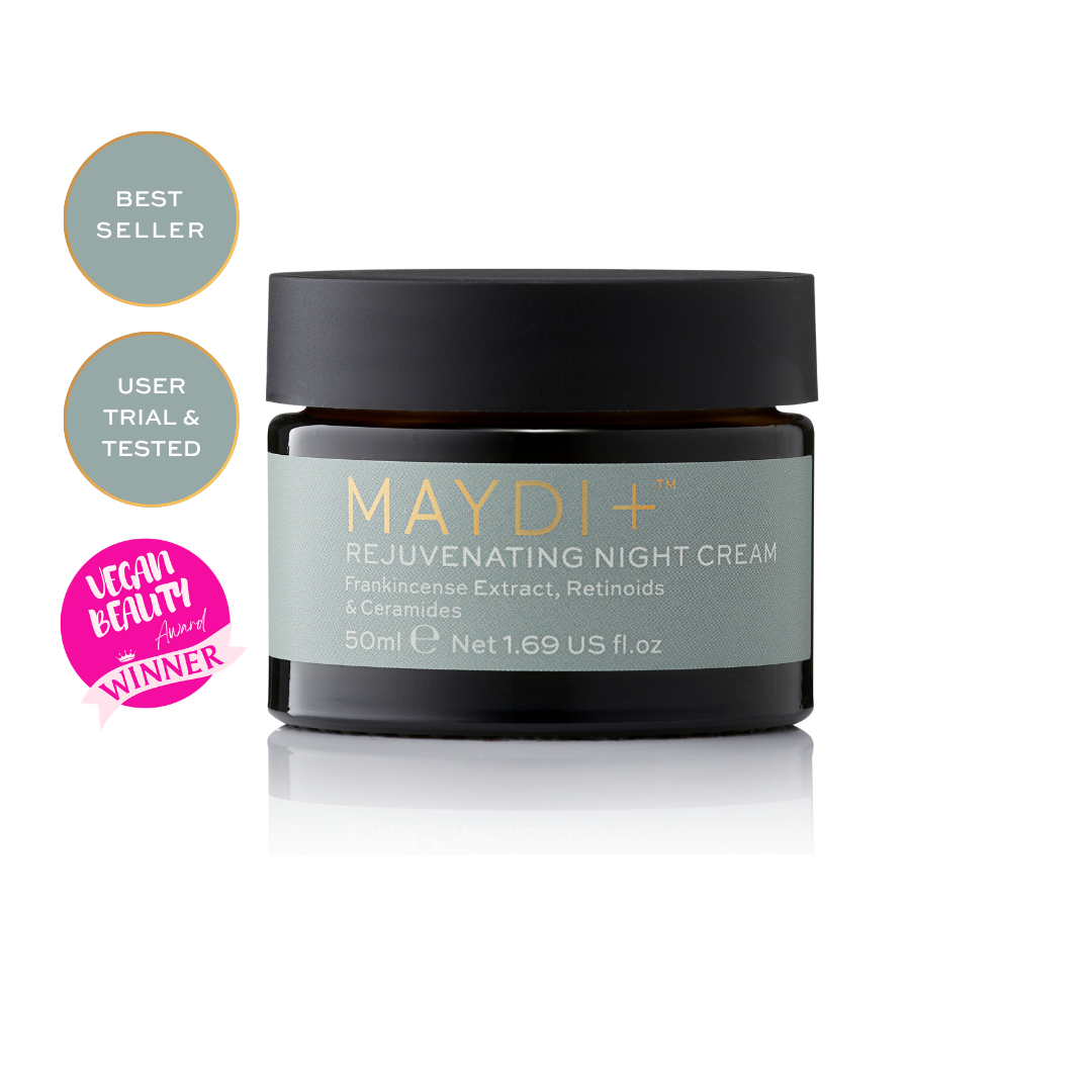 Maydi+ rejuvenating night cream jar with branding and awards on a white background