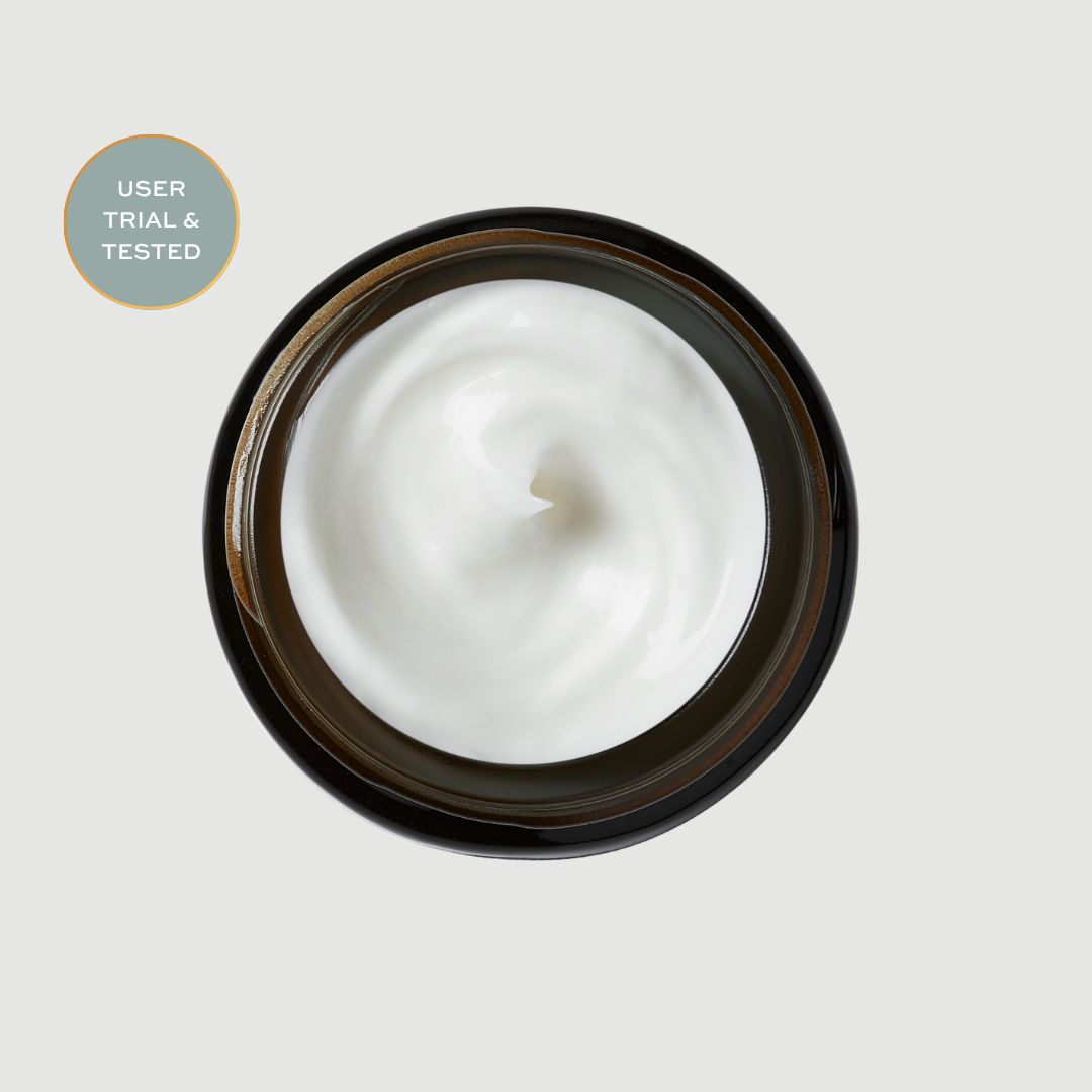 White cream texture in a glass container on a light gray background with 'User Trial & Tested' label. Peptide Eye Cream