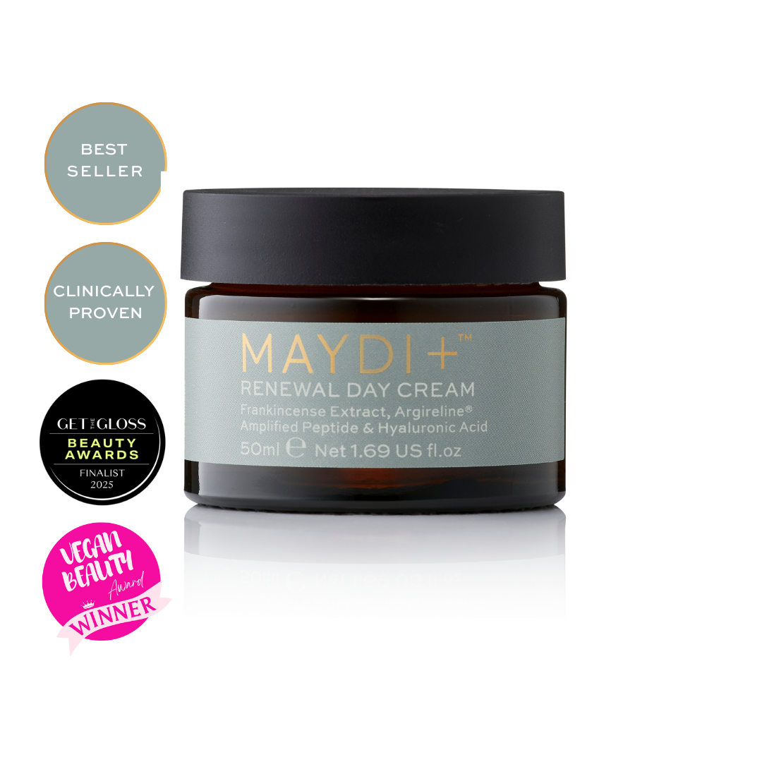 Maydi+ Renewal Day Cream jar with vegan beauty and get the gloss awards on a white background